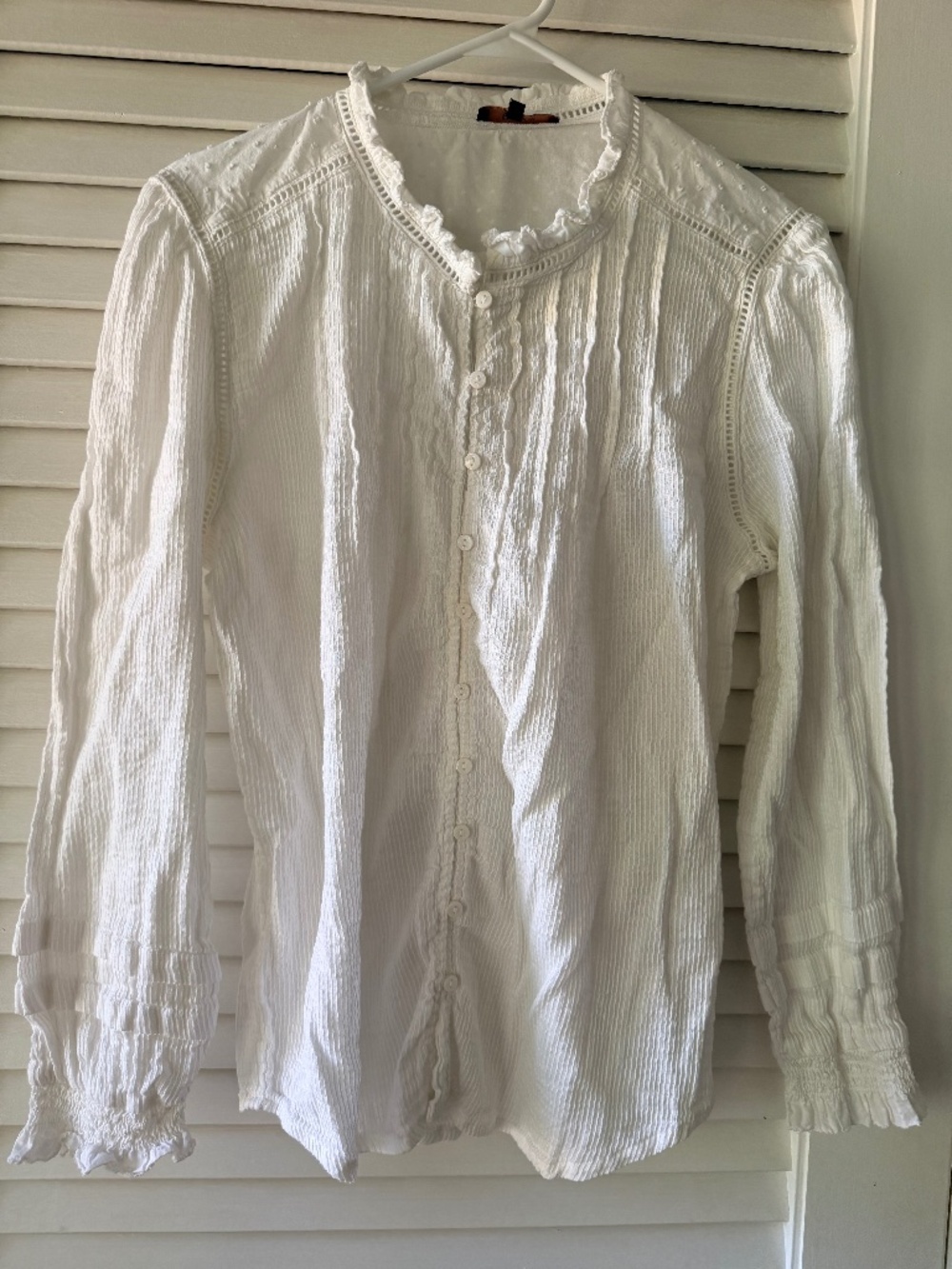 QUINCE Cotton White Ruffle Pintuck Blouse  Cottagecore Romantic Prairie Style